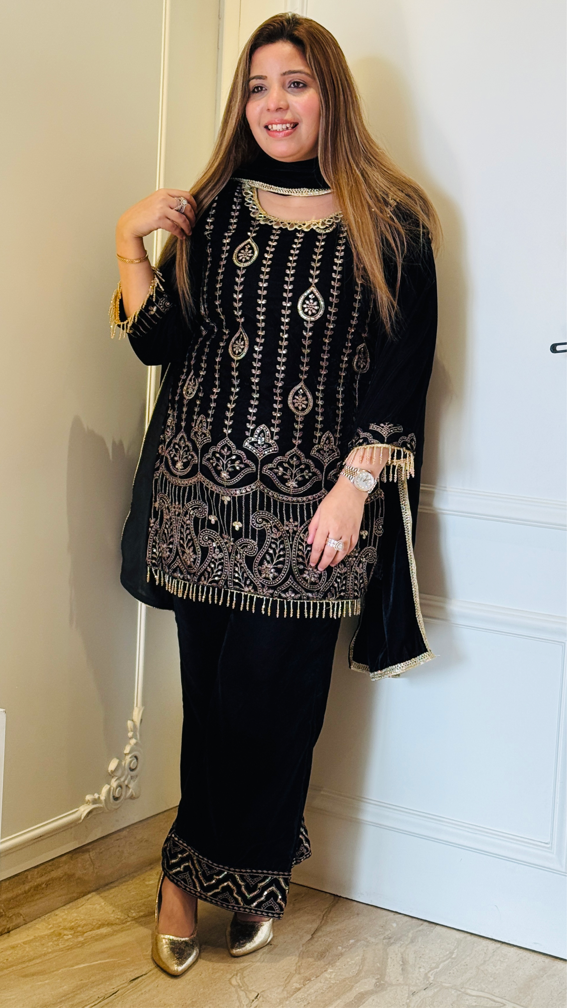 Black Velvet Brocade Pant Suit Set